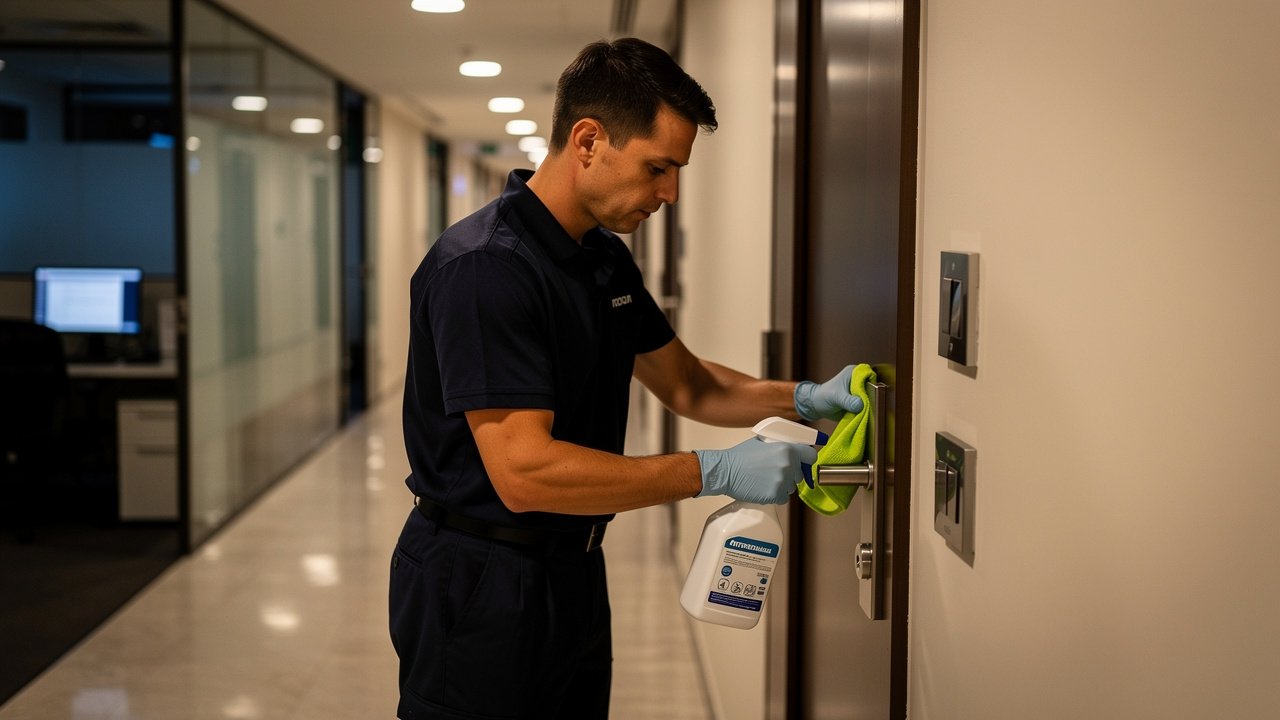 Cleaner disinfecting door handles during after-hours office service