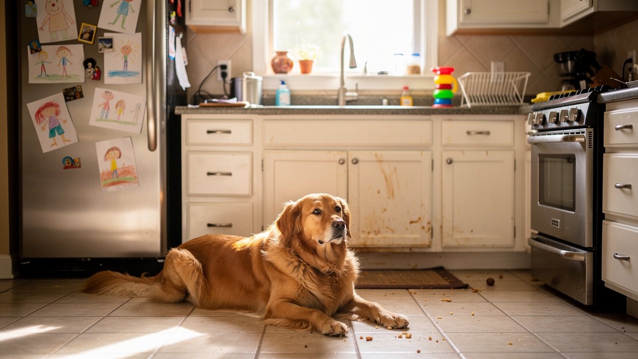 Busy family kitchen with dog and toddler items on counter
