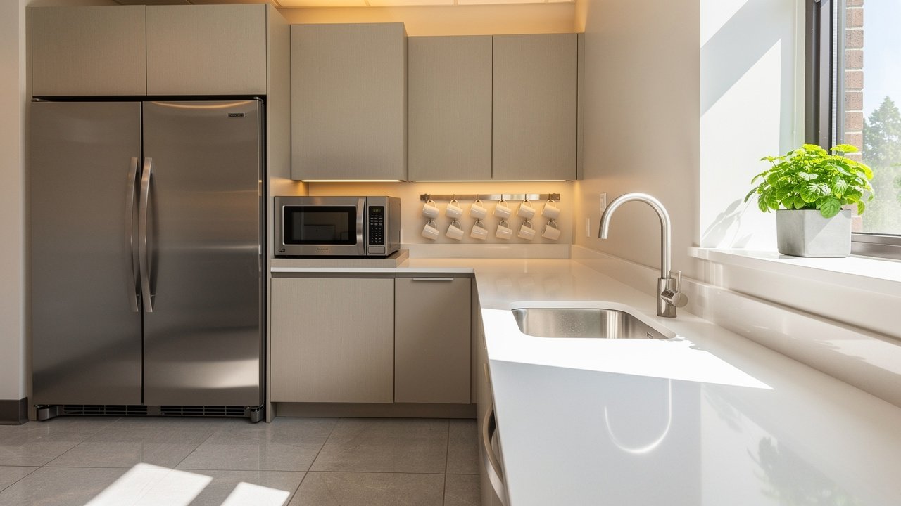 Spotless office breakroom after professional cleaning service