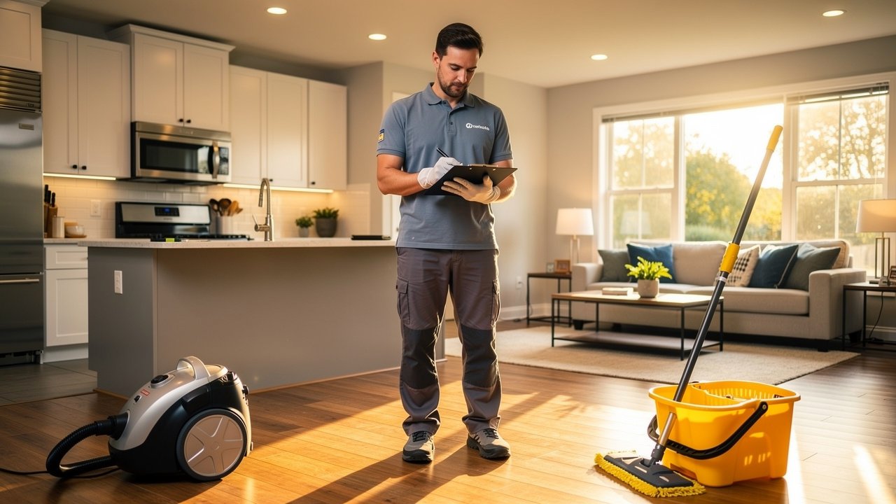Cleaning professional reviewing checklist in freshly cleaned home
