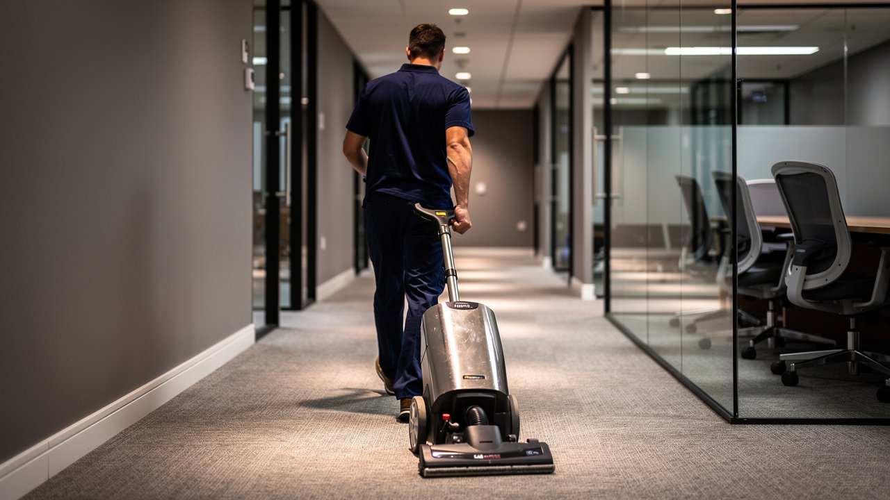 Cleaning crew vacuuming carpeted hallway in commercial office