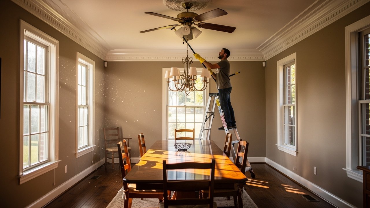 Professional cleaner dusting ceiling fan during seasonal deep clean