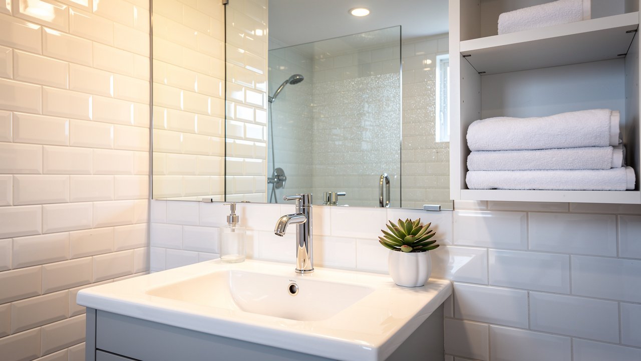 Sparkling clean bathroom with scrubbed grout and polished fixtures