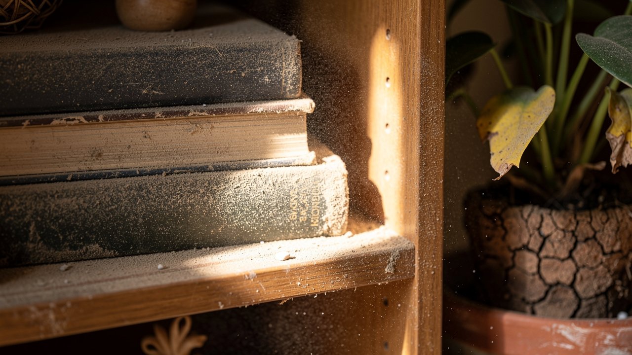 Dusty bookshelf with visible buildup indicating overdue cleaning schedule