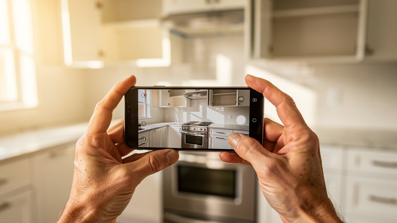 Tenant photographing clean kitchen for move-out documentation