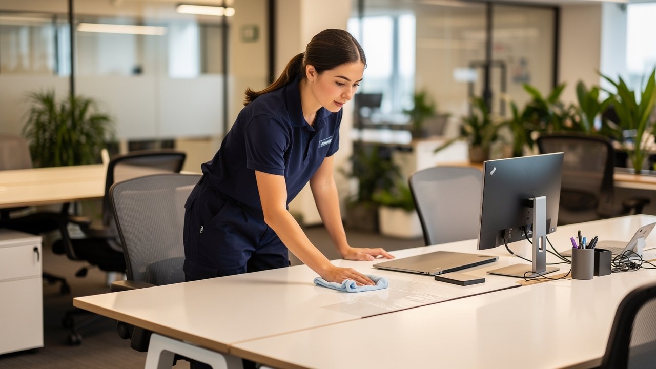 Professional cleaner sanitizing office desk surfaces
