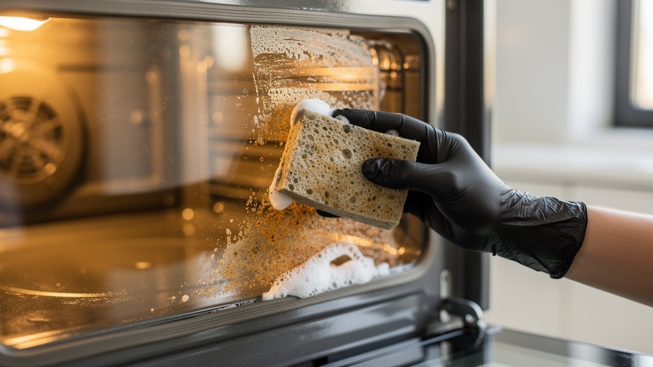 Person scrubbing oven interior during move-out cleaning