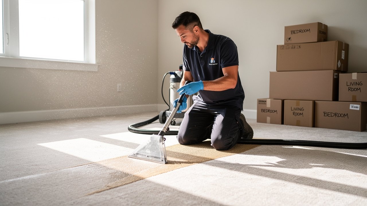 Professional cleaner using carpet machine in empty bedroom